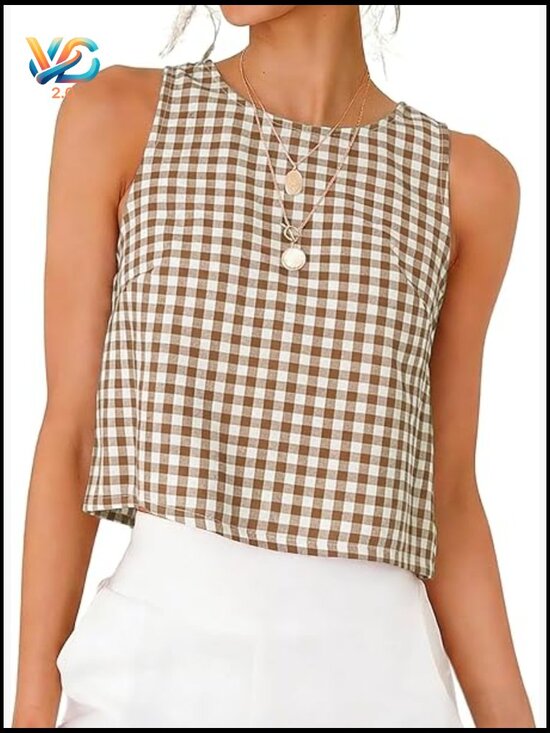 Tops - Gingham Crop Tank Top Sleeveless High Neck Summer Y2K Casual Beach Tops